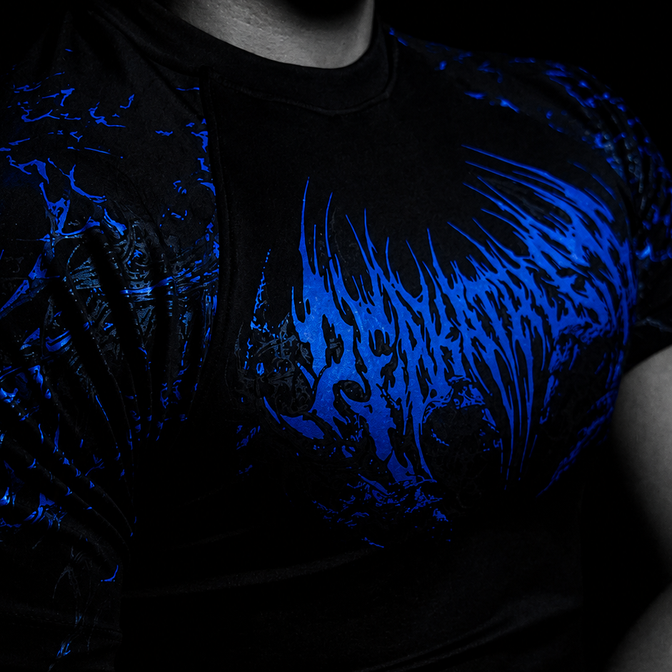 Peakathlete Philippine Model wearing a black oversized gym T-shirt with a blue gothic Obsidian Void graphic.